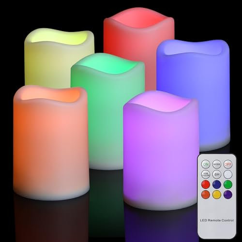 FREEPOWER 6er LED Kerzen Bunt mit Fernbedienung Timer Flammenlose Batteriebetrieben Stumpenkerzen Outdoor Elektrische RGB Flackern, Kunststoff, Ø7.5 x 10cm