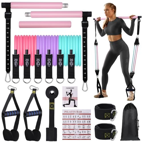 Pilates Bar Set with 6 Resistance Bands, Multifunctional Pilates Fitness Equipment for Women & Men, Exercise Bands Set for Home Gym Fitness Yoga Strength Training