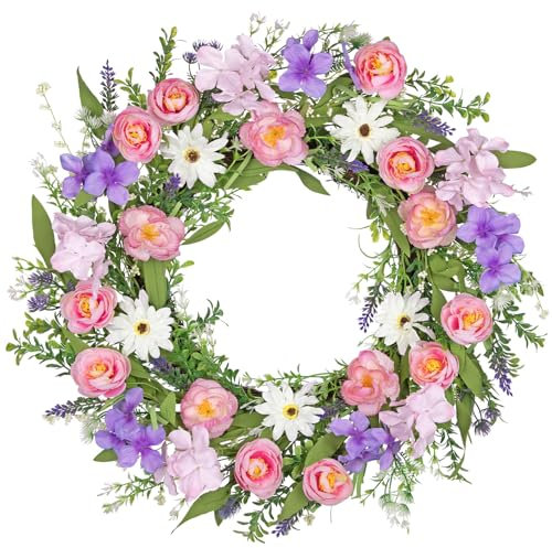 Hollyone 20inch/51cm Artificial Flower Wreath for Front Door, Spring Floral Wreath Pink Purple White Rose Daisy Wreath Fake Lavender Decorations for Mantle, Window, Wall, Farmhouse
