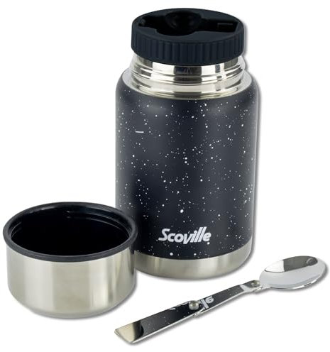 Scoville NEVERLEAK 500ml Insulated Food Flask with Foldable Stainless Steel Spoon, Double Walled Vaccum Insulated, Leakproof Lid, Hot up to12 Hours, Cold up to 24 Hours, BPA Free, Travel Flask, Black