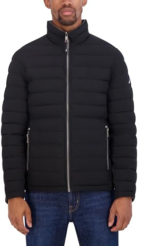Nautica Men's Stretch Reversible Midweight Puffer Jacket, Wind and Water Resistant, Black Grey, M
