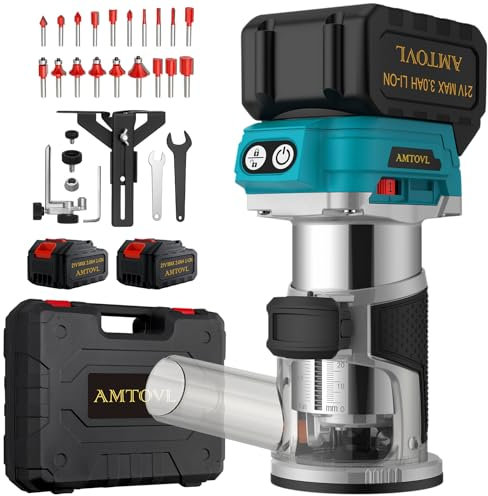 AMTOVL Affleureuse Défonceuse 30000RPM 6 Vitesses Variables Affleureuse à Bois sans Fil avec 2PCS 21V 3.0A Batterie 15PCS Fraises à Défoncer Défonceuse Électrique en Cuivre Pur pour le Travail du Bois