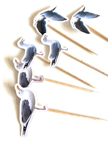 Seagull Bird cake decoration, gull cake toppers, British Gull bird nature food flag picks for party, flying sea bird nature 12 pack decoration - realistic photo