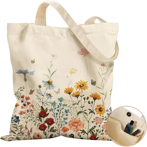 Floral Canvas Tote Bag For Women, 35.5x40cm Womens Work Bag With Magnetic Buckle And Inner Pocket For Shopping, Large Reusable Makeup Pouch Gifts For Friends, Families, Bestie, Sisters, Ladies