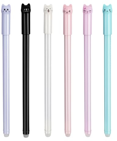 Aohyue 6 Stück Radierbarer Kugelschreiber, 0,5mm Gelstifte Radierbar, Tintenroller Radierstift mit Blauer Tinte, Erasable Pen im Design von Niedlichen Katzen, für Schule und Bürobedarf