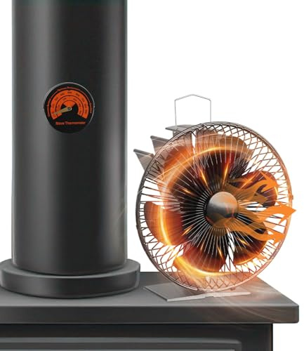 Ollewiellan Kaminventilator 6 Blätter mit Schutzhülle und Thermometer, Ofenventilator Ohne Strom Effiziente Kaminwerkzeug Lüfter Leiser für Kaminofen Kamin Holzofen, 19 * 10.5 * 20.5cm