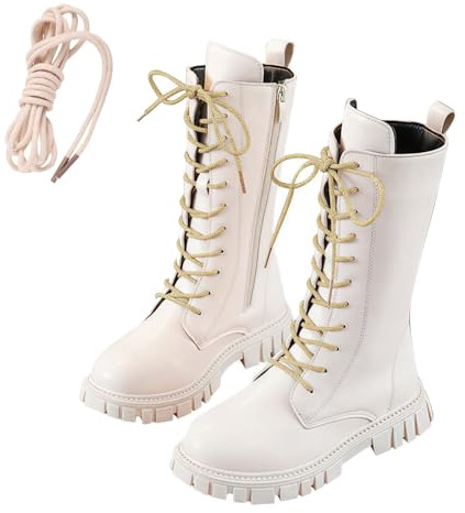 Girls Knee High Boots Kids Lace Up Side Zipper Sweet Steampunk Style Thick Rubber Sole Stitching Faux Leather School Shoes Waterproof Combat Shoes 4-11 Years