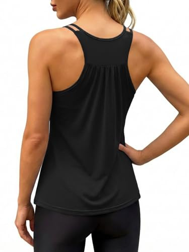 Fisoew - Camiseta deportiva para mujer, sin mangas, con tirantes finos, sujetador integrado, para yoga, gimnasio, ejercicio, Negro , S