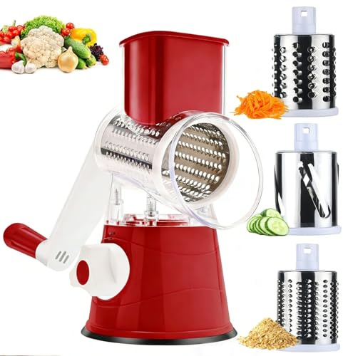 Rotary Cheese Grater with 3 Replaceable Stainless Steel Drum Blades, Non Slip Suction Base Vegetable Slicer Handheld Round Cheese Grater for Cheese, Vegetables, Fruits, Nuts (Red)
