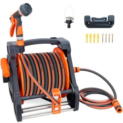 Garden Hose Reels with 20M Hose Pipe Spray Gun Set | Portable Wall Mount or Free Standing Water Reel Storage Holder, 1/2 Heavy Duty Hose with Spray Gun for Gardening Watering