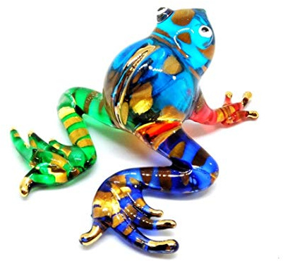 Handmade Mini 2 Cute Multicolor Frog Figures Blown Glass Art, Miniature Animals, Fantasy Collectible Figurines, Gift Ideas, Tiny Ornament, Cool Stuff Decor No.7