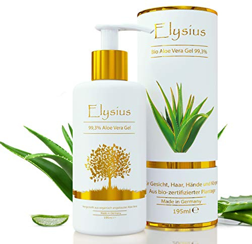 Aloe Vera Gel Bio 100% - für Gesicht, Haare und Körper - Natürliche, beruhigende und pflegende Feuchtigkeitscreme - Ideal für trockene, strapazierte Haut & Sonnenbrand - 195ml Glasflasche by Elysius