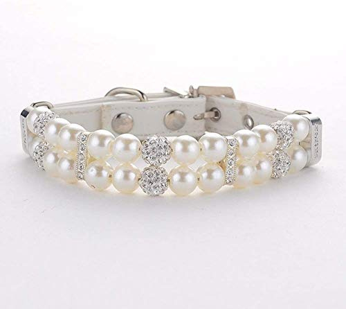 Halsband für Hunde,Hundehalsband mit Perle,Hunde-Katzen-Mode-PU-Leder-Perlenhalsband mit Bling-Strass-Diamant,Verstellbares Chihuahua-Hundehalsband für Hunde,Katzen,Welpen,Kätzchen,L,1.5X37CM