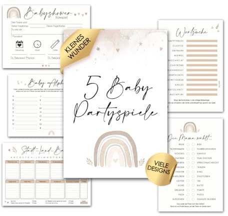 cozy racoon Babyshower Spiele Set, 6 Babyparty-Spiele für je 12 Spieler zum Ausfüllen für Jungen und Mädchen I Persönliches Geschenk für Schwangere - Design Glamour