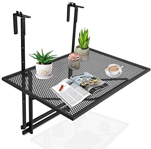 COSTWAY Balcony Hanging Table, Metal Railing Table (Black, 60x48x61cm) | 5-Position Adjustable Height, Space-Saving Outdoor Folding Rail Bar Serving Coffee Side Tables for Garden, Patio, Deck, Porch