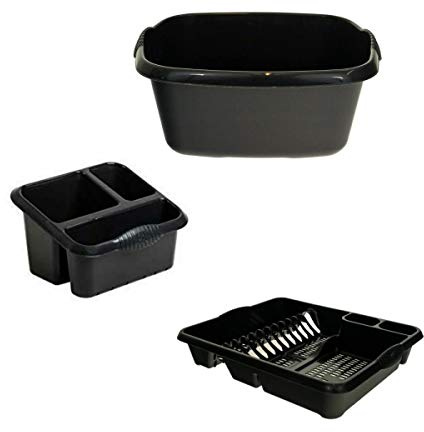 Galleries Plastic Large Kitchen Sink Set of 3 Rectangular Washing Up Bowl, Sink Tidy and Large Dish Drainer - Mid-night Black (Darkish Grey)