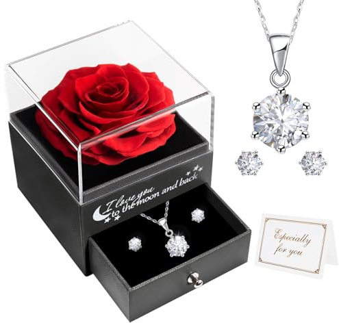 Miofula Rose Eternelle Coffret Cadeau Femme Saint Valentin,Fleur Eternelle avec Bijoux Argent 925,Je t'aime Rose avec Collier Femme Cadeau Saint Valentin Anniversaire Fête des Mères pour Femmes Maman