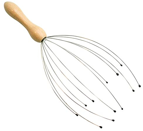 10inch Deluxe Comfort Portable Hand Held Scalp Head Massager – Alleviate Stress – Promotes Deep Relaxation – Light Weight Portable – Scalp Massager, Wood Handle Silver