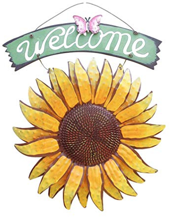 Targhetta di benvenuto in ferro vintage da appendere a forma di girasole con farfalla di girasole, targa di benvenuto con margherita vista porta da appendere per porta del giardino, cancello e