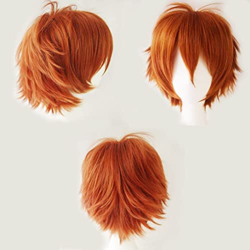 Cybelleza Anime Cosplay Perücke Kurze Perücken Orange für Frauen / Männer Synthetische Gerade Fancy Dress Perücke Gewellt Glatt Geschichtete Flauschige Halloween Kostüm Party Perücke mit Gratis Mütze