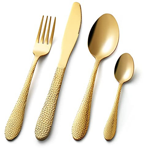 Cutlery Sets for 4, Premium Stainless Steel Knife and Fork Sets, Flatware Set for Home, Party, Restaurant, Hammered Pattern Design & Dishwasher-Safe (Gold x 16pcs)