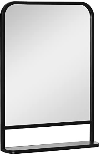 HOMCOM Modern Square Wall Mirror with Storage Shelf, 70 x 50 cm Mirrors for Living Room, Bedroom, Black