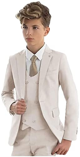 Vestito elegante per bambini, 3 pezzi, con giacca con revers a lancia, gilet e pantaloni, smoking da bambino, per matrimoni e feste, Beige, 10 Anni
