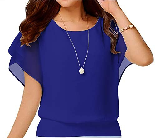 Yommay Top da donna estivi, a maniche corte, blusa in chiffon, elegante, leggera, T-shirt casual per le donne, top fluidi e rilassati, Blu, M