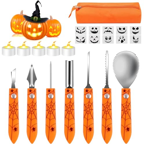 Halloween Kürbis Schnitzset, 7 Stk Edelstahl Schnitzwerkzeug Kürbis Schnitzen DIY Halloween Dekoration Kürbis Schnitzmesser für Kinder & Erwachsene mit Tragetasche, 5 Kerzen, 10 Kürbis Schnitzvorlagen