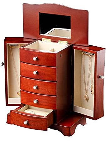 Boîte à Bijoux Boîte à Bijoux en Bois for Femmes Boîte à Bijoux en Bois Massif avec Style Tour 4 tiroirs Organiseur et 2 Portes Ouvertes séparées sur 2 côtés et Grand Miroir Coffret Bijoux