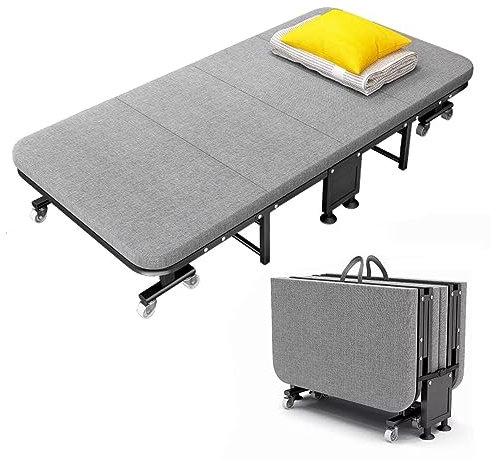 Tragbares zusammenklappbares Campingbett, vierfach zusammenklappbares Schlafbett, Liegeliege aus verdicktem Holz, 6-Gang-Kopfverstellung, hautfreundlich und langlebig, Klappbett mit 8 Universalrädern