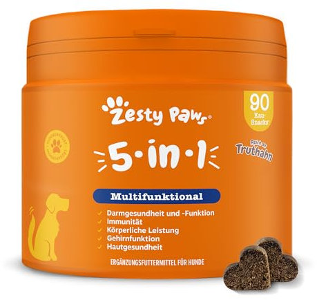 Zesty Paws 5in1 Multivitamins for Dogs | Supports Skin & Gut Health, Brain Function, Immune System, Physical Performance | With Vitamin A, B & C, Folic Acid, Biotin, L-Carnitine | Daily Use | 90 Chews