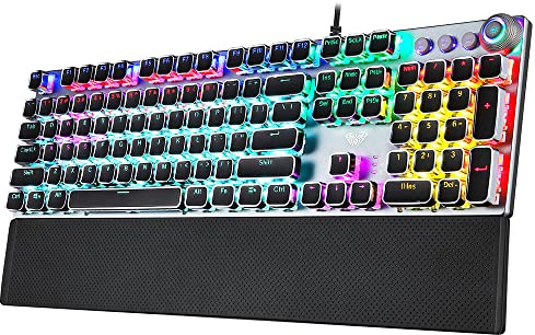 HUIOP F2088 104 tasti Tastiera punk meccanica da gioco cablata Pannello metallico effetto luce mista con pad da polso Nero (Interruttori blu),Wired Keyboard