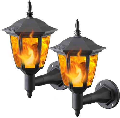 Dynaming 2 Pack Solar Flame Wall Lanterns Outdoor, Solar Powered Wall Mounted Sconce Lights, Flickering Flame LED Lights Auto On/Off Wall Hanging Lights, Waterproof for Garage Stair Patio Porch Yard