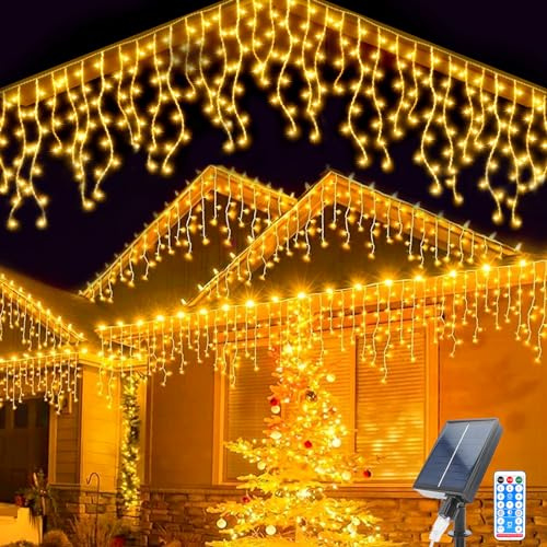 Solar Lichterkette Aussen, 6M Wasserdichte Vorhang Lichter 8 Modes 264 LEDs Eisregen Lichterkette 44 Pcs String Lichter mit Fernbedienung für Garten Hochzeit Party Hausdach Weihnachtsdekoration