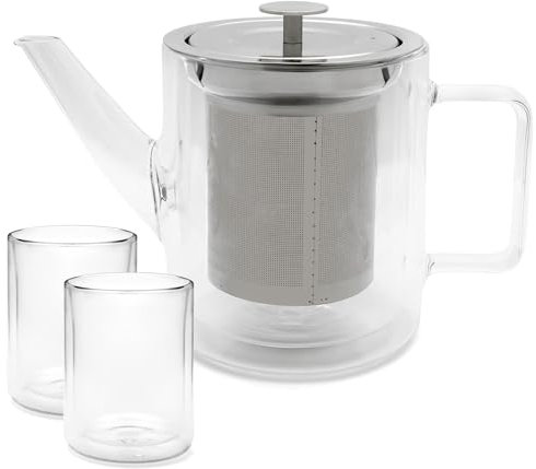 Bredemeijer kleine gläserne doppelwandige Teekanne 1.0 Liter - isolierende Glaskanne Set mit Edelstahl-Teefilter und 2 Teegläser aus Glas (je 290 ml)