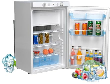 Techomey Kühlschrank Gas 12V 230V, 100L, Gas Kühlschrank mit Gefrierfach, für Wohnmobil, Wohnwagen, Haus, Ferienwohnung, Mobilheim, Weiß