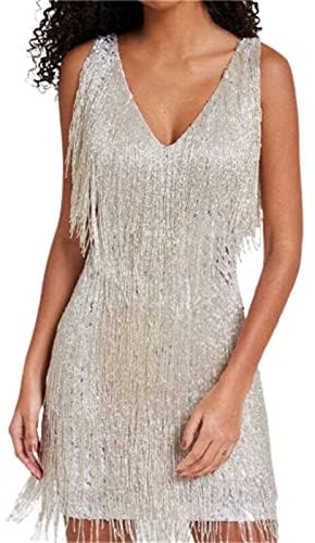 LLECDASEUI Abito da donna con frange lucide degli anni '20 Ruggente Flapper Gatsby Ballo latino Abito sexy aderente con paillettes scintillanti (Argento,M)