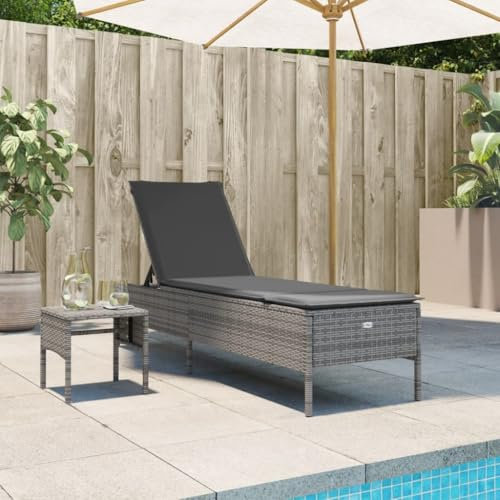 Homgoday Sonnenliege mit Tisch und Auflage Gartenliege mit Verstellbarer Rücklehne Rattanliege Relaxliege Liegestuhl Gartenmöbel Strandliege Garten, Balkon Grau Poly-Rattan