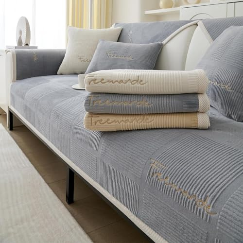FASCINATDECO Couch Überzug, Sofa Überzug 1/2/3/4 Sitzer Sofabezug Ecksofa L Form, Sofaschoner rutschfest, Samt Sofa Sitzkissenbezug, Waschbar Couchbezug (Grau,90x120cm)