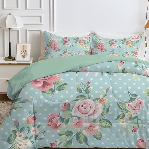 Bettdecke 135x200 4 Jahreszeiten, Wende Pinke Blumen Steppdecke Waschbare, Bettdecke ohne Bezug Nutzbar, Leicht Weiche Schlafdecke 200GSM, Ganzjahresdecke Hellblau mit 1 Kissenbezug (ohne Kissen)