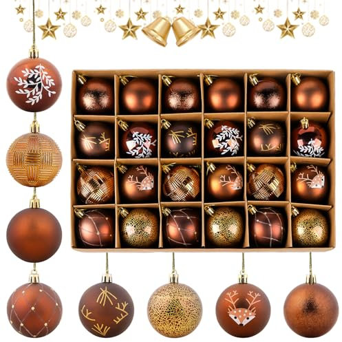 Agoer Lot de 24 Boules de Noël en Cuivre Doré - 6 cm Boules de Noël Marron en Plastique avec Cordon et étui de Rangement - Boules de Noel d'Extérieur pour Décoration de Sapin de Noël