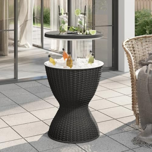 Outdoor Rattan Side Table with Ice Bucket, Adjustable Height Patio Cooler Bar Table for Party, Pool Deck, Backyard - High Imitation Rattan