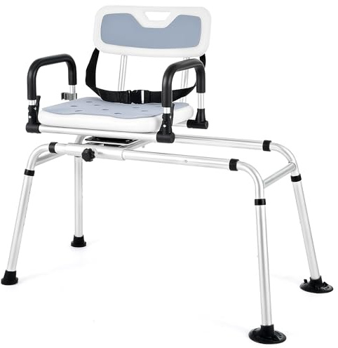 CO-Z Sliding Shower Chair with 360° Swivel Seat, 12-Level Tub Transfer Bench with Pivoting Arms for Elderly & Disabled, Bathtub Chair with 330 lb. Weight Capacity Drainage Holes Safety Belt