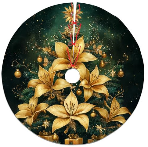 Golden Lily Christmas Tree Skirt, Green Elegant Holiday Tree Skirt for Festive Home Decoration, Xmas Party Indoor Decor 36 Inch