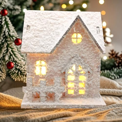 DZAY Weihnachtsdorf mit Beleuchtung,Weihnachtsdeko Innen Holz Wichtelhaus mit LED Licht,Weihnachtshaus Winter Deko Holzhaus,Lichthaus Weihnachtshäuser Weihnachtsstadt Häuser Weihnachten Deko (B)
