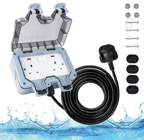 15M Outdoor Socket 2 Gang Waterproof Outdoor Double Socket with Extension Lead Switched Sockets Garden Power Socket External Mains Outlets IP66 Weatherproof (15M)