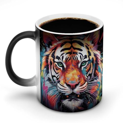DWTJKMS Color Paint Tiger Face Color Changing Mug Heat Sensitive Ceramic Cup Thermochromic Coffee Cup Funny Discoloration Mug Magic Mugs Novelty Gifts for Birthday Men Women