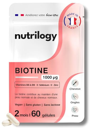 Biotine | 2 mois - 60 gélules | Pousse des Cheveux & Ongles et Beauté de la Peau | Avec Vitamines B8 et B9, Sélénium & Zinc | Complément Alimentaire Vegan, Sans Gluten & Fabriqué en France | NUTRILOGY