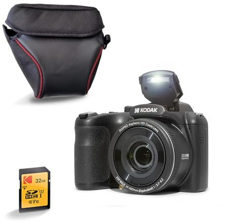 Kodak Pixpro AZ255 Bridgekamera 16 MP mit 25-fachem optischem Zoom + Schutzhülle + 32 GB SD-Karte – Video Full HD 1080p, 24 mm Weitwinkel, Stabilisator, 3 Zoll LCD-Display – Schwarz